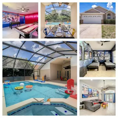 a collage of pictures of a swimming pool at H2553O Single Level 5 Bedrm Pool 3Miles Disney in Kissimmee