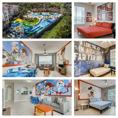 a collage of pictures of a room with a water park at C2788-105 Windsor Hills Resort 3Bedrm Themed Condo Water Park in Orlando