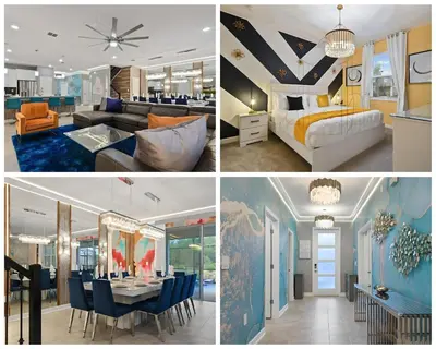 a collage of four pictures of a hotel room at 5 Star Exceptional Luxury Villa at Storey Lake mins to Disney in Kissimmee