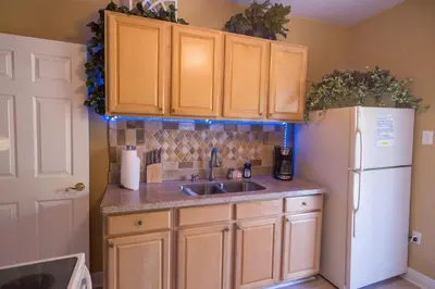 a kitchen with a sink and a white refrigerator at Paradise in a country setting 1100 sq ft apartment in Lake Mary