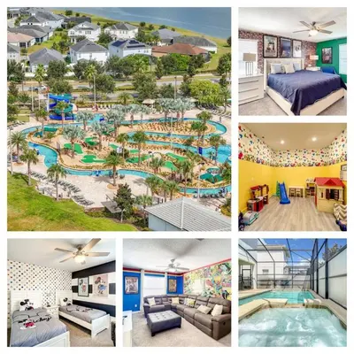 a collage of pictures of a water park at StoreyLake Imagination Villa, 5mi Disney Universal in Kissimmee