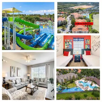 a collage of four pictures of a water park at Windsor Hills Themed Condo, 2.5mi to Disney in Orlando