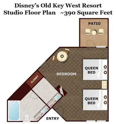 a floor plan of a small bedroom with a bathroom at Disney's Key West Resort Studio room sleeps 4 in Orlando