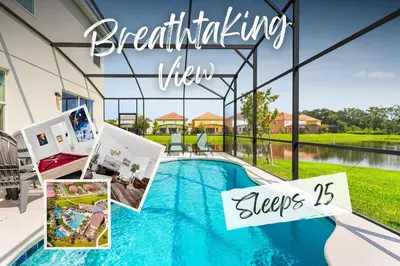 a house with a swimming pool with a sign that reads breathing when sleeps at Lakeview Home Sleeps 25 VPR103 in Kissimmee