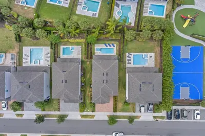 an overhead view of a house with roofs at 7491 Oasis at Reunion sleeps 12 in Orlando