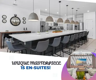 a kitchen with a large white table and chairs at Unique Masterpiece 15 En-suites VPR104 in Kissimmee
