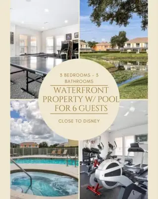 a collage of photos of a swimming pool and a house at Pond view pool home close to Disney TR17508PA - 3 bedrooms - 3 bath - waterview in Orlando