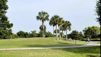 a golf course with palm trees on a hill at Ventura Village Cottage Grove Townhome in Orlando