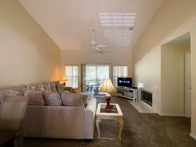 a living room with a couch and a tv at Ventura Village Cottage Grove Townhome in Orlando