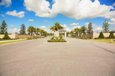 an empty road with palm trees in the middle at Beautiful and cozy home at Sonoma Resort in Kissimmee