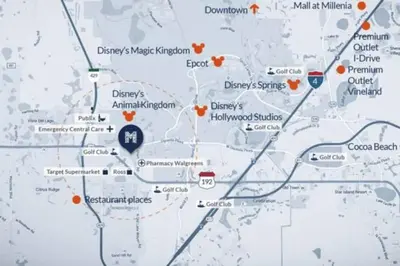 a map of the city of dallas with a marker at Magical Disney Home (45366427) in Orlando