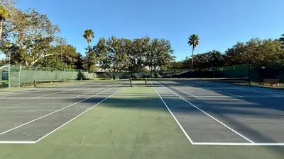 a tennis court with trees and palm trees at Holiday Inn Express & Suites Clermont SE - West Orlando by IHG in Orlando