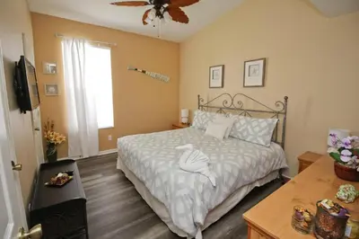 a bedroom with a bed and a ceiling fan at Luxury Villa Private Pool And Great Game Room in Kissimmee