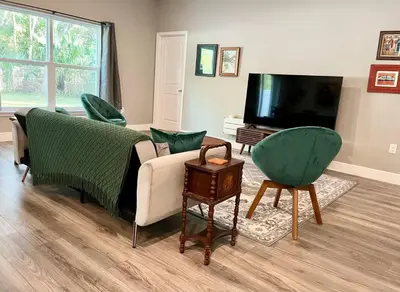 a living room with a couch and a flat screen tv at Sweet Stay with fully fenced yard in Sanford
