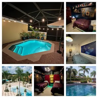a collage of pictures of a swimming pool at Magical Themed Home, Potter, Peter Pan 3mi Disney in Kissimmee