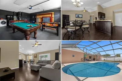 a collage of photos of a house with a pool table at 5Bd 2 Bath with Gameroom & Pool 1 story House in Orlando