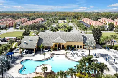 an aerial view of a pool at a resort at Trendy Retreat - Great Location - Fully Loaded in Kissimmee