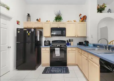 a kitchen with a black refrigerator and a sink at Tropical Escape By Shine Villas 244 in Kissimmee