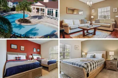 four different pictures of a hotel room with a pool at Family Spacious 3BR Townhouse with BBQ n' Pool Access in Kissimmee