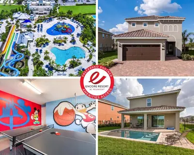a collage of photos with a house and a pool at Lovely Home With Theme Rooms, Game Room With Waterpark & Resort Access Resort Access At Encore Resort- 7705By in Kissimmee