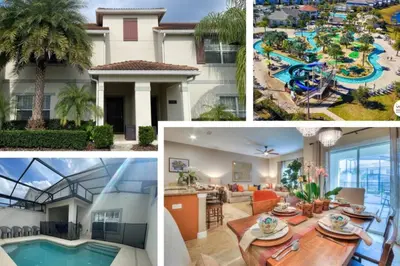 a collage of pictures of a water park at 4 Bedroom 3 Bathroom Storey Lake 4895CT in Kissimmee
