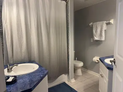 a bathroom with a sink and a toilet and a shower at Shrek's Hideout! - 5 min from Disney! in Kissimmee