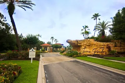 a road in front of a house with palm trees at 161 - 4 bed Gem at Terraverde Resort in Kissimmee