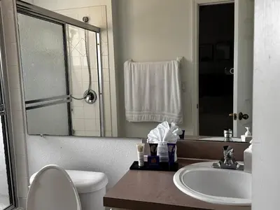 a bathroom with a sink and a toilet and a mirror at Your Home Away from Home! in Kissimmee