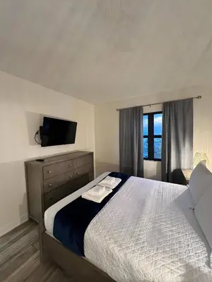 a bedroom with a large bed and a tv at Renovated and cozy apartment near universal in Orlando
