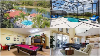 a collage of pictures of a house with a pool at Private Pool, Spa, Game Room & Theme Park Magic in Kissimmee