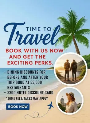 a flyer for a travel book with us now and get the exciting perks at Enjoy your AM coffee in resort relaxation garden in this great 1BD condo in Orlando in Orlando