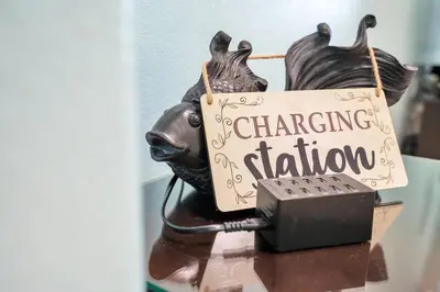 a statue of a horse holding a charging station sign at Relaxing Retreat with Pool and Movie Theater in Orlando