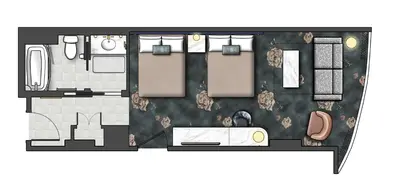 a floor plan of a room with a bathroom at Universal's Helios Grand Hotel, a Loews Hotel in Orlando