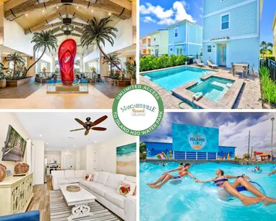 a collage of pictures of a swimming pool at Beachy Daze Cottage Near Disney With Margaritaville Resort & Island H20 Waterpark Access - 2916Sr in Orlando