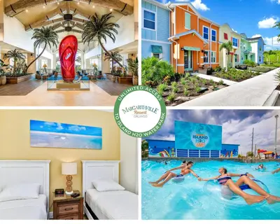 a collage of photos of a hotel with a swimming pool at Tangerine Villa Near Disney With Margaritaville Resort And Island H20 Waterpark Access - 8178Cp in Orlando