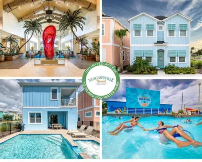 a collage of photos of a pool at a resort at Flip Flop State Of Mind Cottage With Private Pool Near Disney With Margaritaville Resort & Island H2O Access - 8015Kd in Orlando