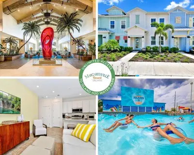 a collage of photos of a house and a swimming pool at Lovely Villa Near Disney With Margaritaville Resort & Island H20 Waterpark Access - 2947Cl in Orlando