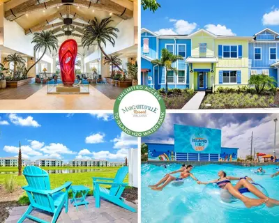 a collage of photos of a house and a swimming pool at Palm Tree Paradise Villa Near Disney With Margaritaville Resort & Island H20 Waterpark Access - 3113Cs in Orlando