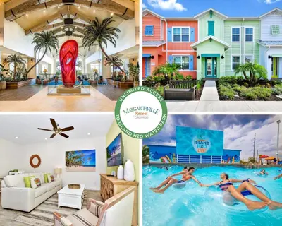 a collage of photos of a house and a swimming pool at Lime Green Villa Near Disney With Margaritaville Resort & Island H20 Waterpark Access - 2972Or in Orlando
