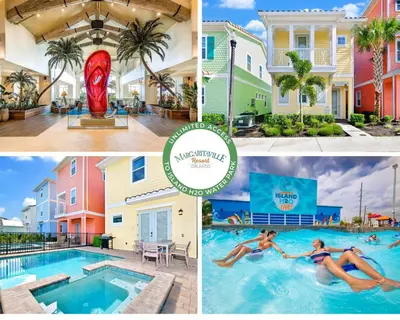 a collage of photos with a pool and houses at White Sand Cottage With Private Pool Near Disney With Margaritaville Resort & Island H2O Access - 8023Kd in Orlando
