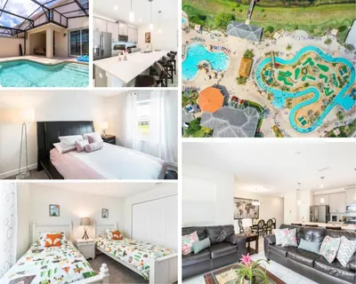 a collage of photos of a house with a pool at Bright and Modern 4BR Home,Pool,Slides,By Disney in Kissimmee
