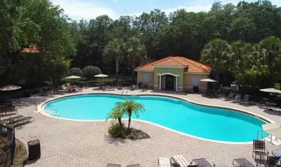 a swimming pool with a palm tree in front of a house at Casa 4Q c/ Piscina Priv. e Vista Lago in Kissimmee