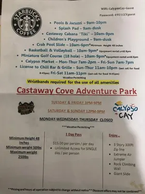 a menu for the caybay cove adventure park at Casa p/ 4 · Perto da Disney · Cozinha completa in Kissimmee