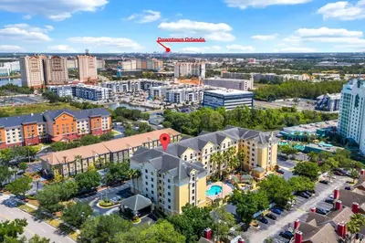 an aerial view of a city with buildings at One bedroom unit near Epic Universe and Universal, free parking in Orlando