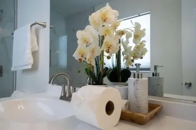 a bathroom sink with a roll of toilet paper and flowers at Vacation Oasis Home with Private Pool and Grill 8615 in Kissimmee