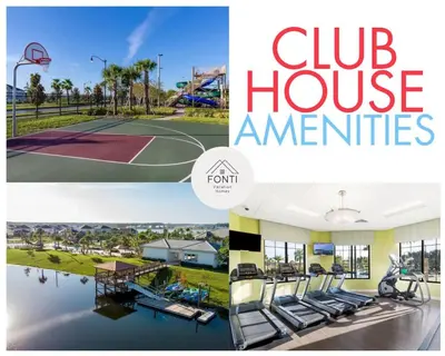a collage of photos of a house with a basketball court at Modern Storey Lake Resort Disney Orlando 3141-103 in Kissimmee