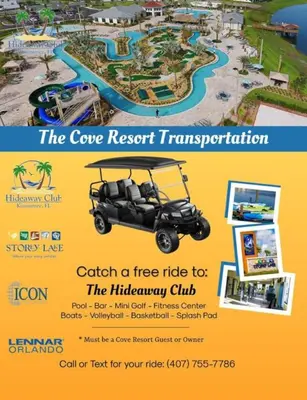 a flyer for the cove resorturihibition with a golf car at Modern Storey Lake Resort Disney Orlando 3141-103 in Kissimmee