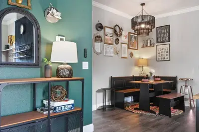 a living room with a table and a mirror at 5 Bdr 4,5 Bth Villa - Pool Table - Fenced Yard in Orlando