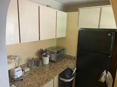 a kitchen with a black refrigerator and white cabinets at Botanical Tranquility in Orlando
