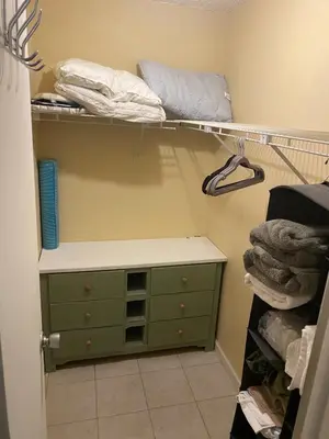 a closet with a green dresser and a shelf at Botanical Tranquility in Orlando
